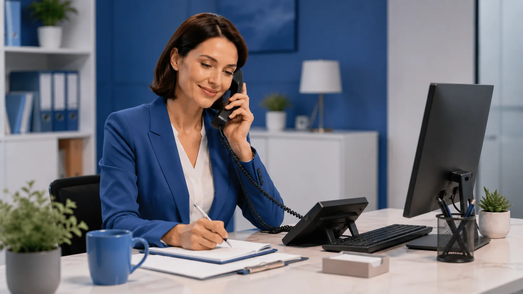 Segretaria umana al telefono mentre gestisce un appuntamento complesso